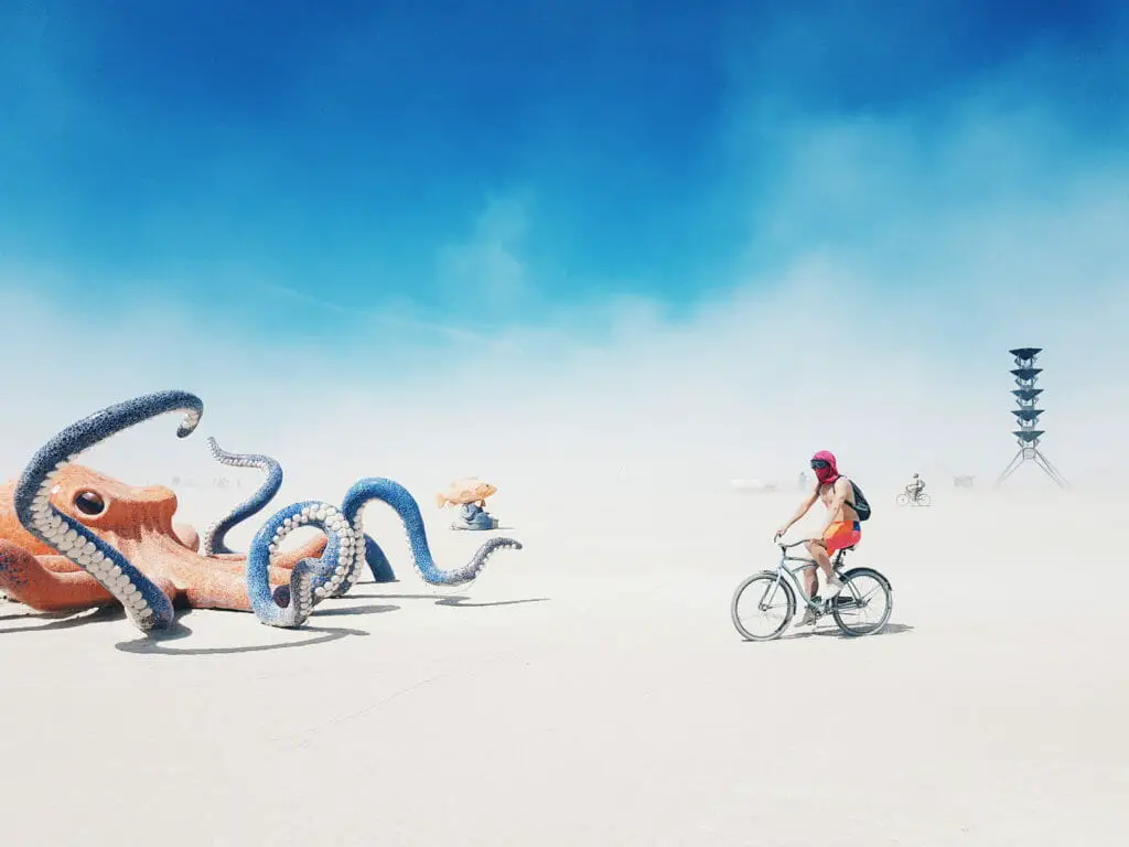FOTOGRAFIE TIPPS: 10 FOTOGRAFEN VERRATEN IHRE TRICKS, UM SOFORT BESSERE FOTOS ZU MACHEN 7 Burning Man - Person auf Fahrrad mit Krake